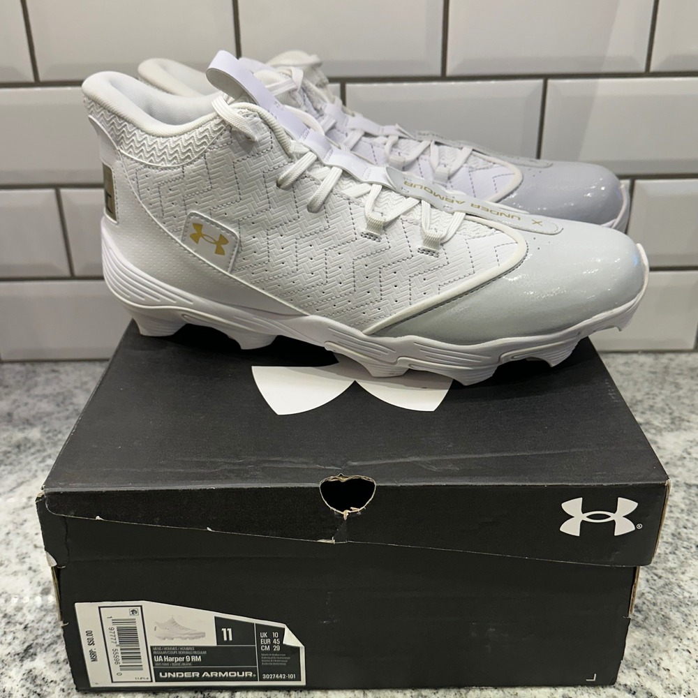 Under Armour UA Harper 9 RM Baseball Cleats‎ White Gold Men's Size 11